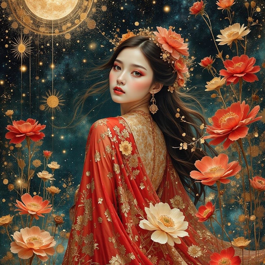 Ethereal Princess by Waterfall in Art Nouveau Style