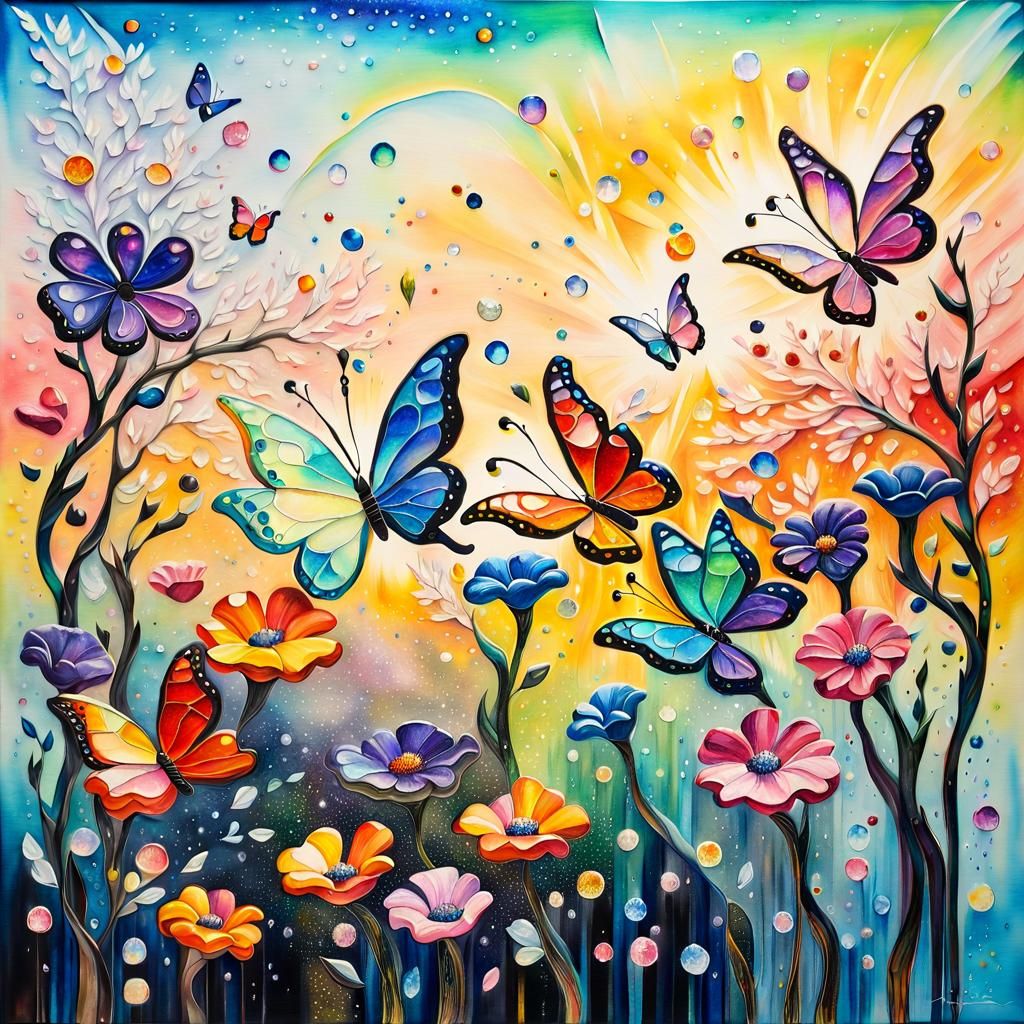 Spring Blossoms and Butterflies in Impasto Style
