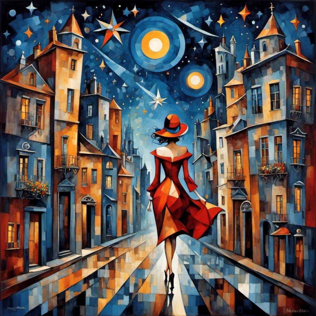 Woman in Surreal Cityscape with Shooting Stars