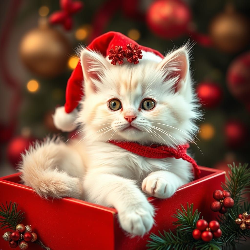 Cute White Kitty in Red Box, Enchanted Christmas Scene