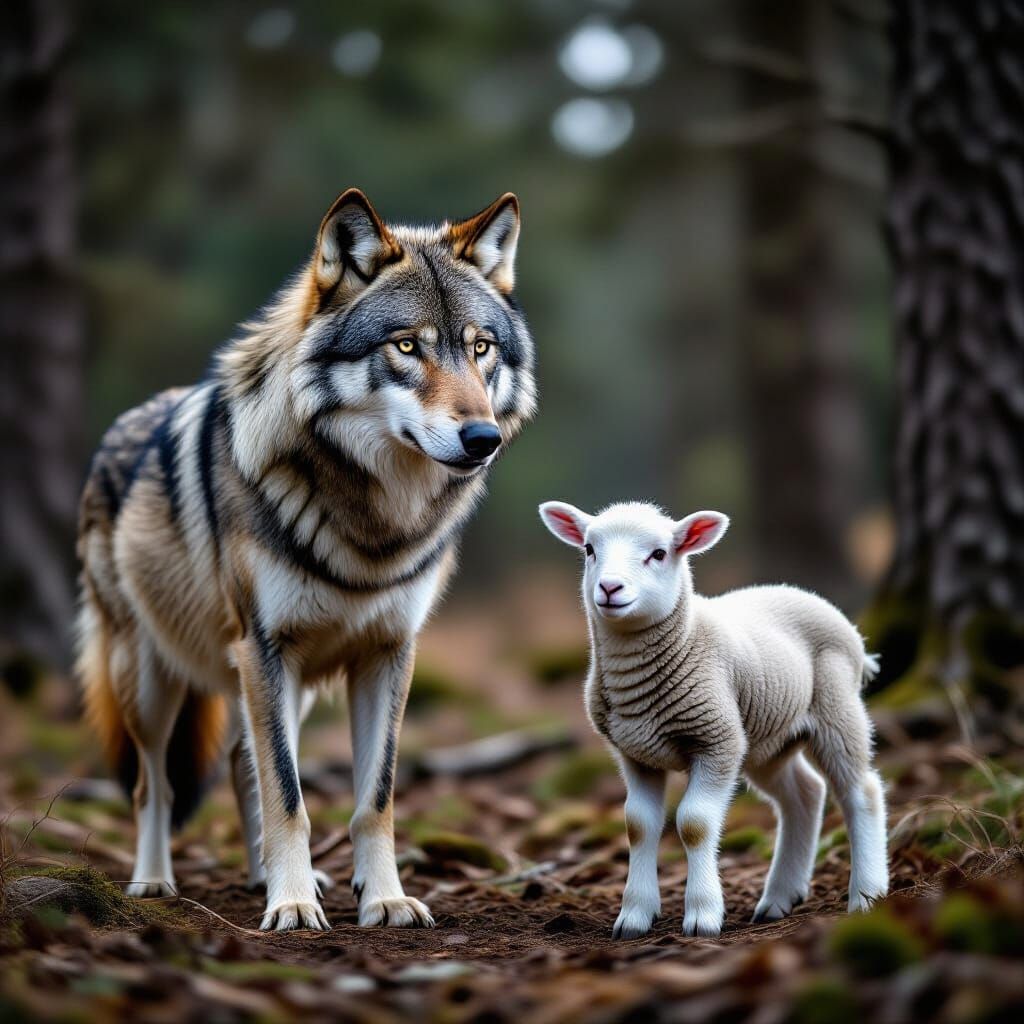Wolf and Lamb in Forest Clearing - Cinematic Film Still