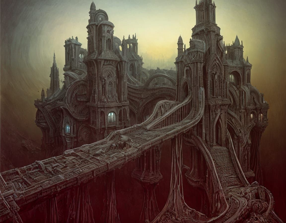 Alien Castle with Drawbridges in Surreal Style