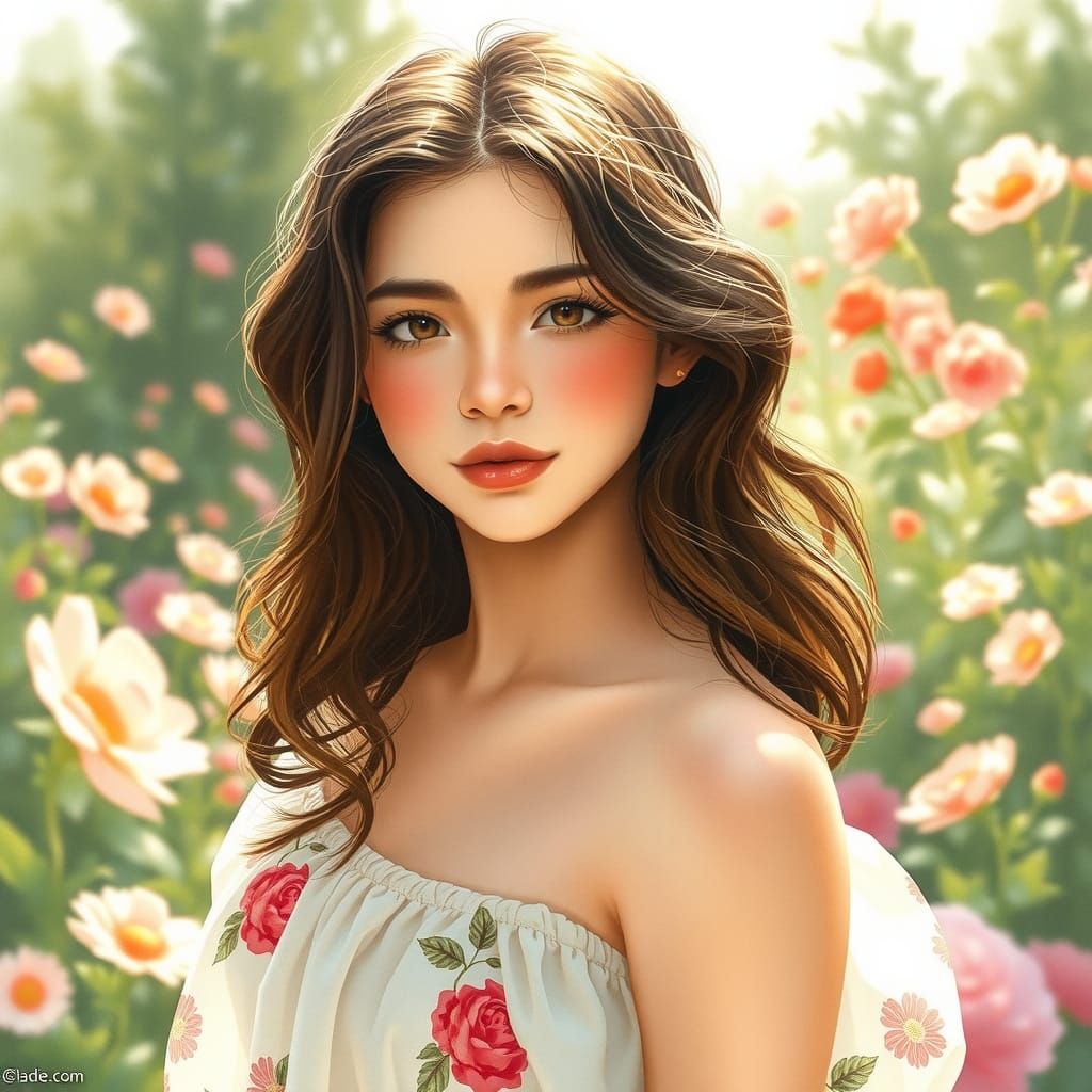 Radiant Woman in Garden, Watercolor Painting Style