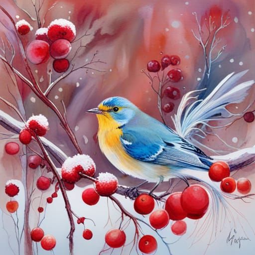 Winter Bird Among Berries: Botanical Illustration