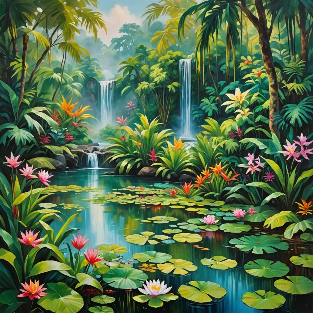 Lush Jungle Pond with Waterfall: Fauvist Expressionism