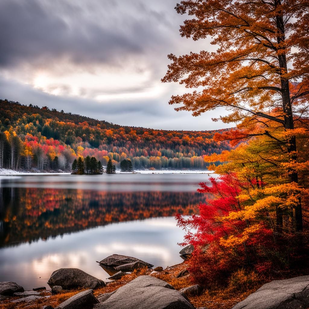 New Hampshire Lake Overlooking First Snowfall of Autumn