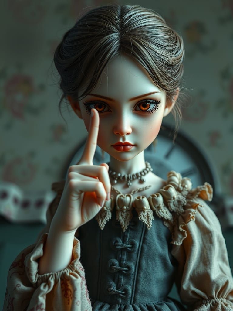 Eerie Gothic Doll Commands Silence in Hyperrealistic Style