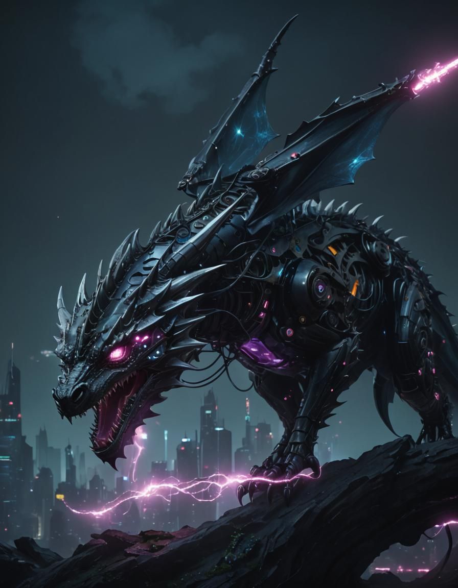 Cybernetic Dragon in Neon Cyberpunk Cityscape