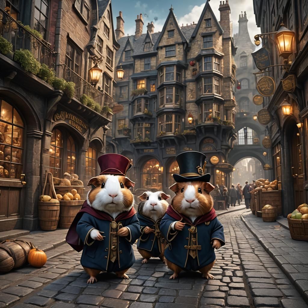 Guinea Pigs as Hogwarts Students in Diagon Alley