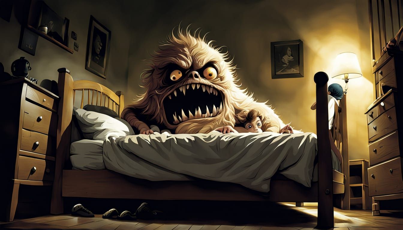 Child Fears Monster Under Bed in a Darkened Bedroom