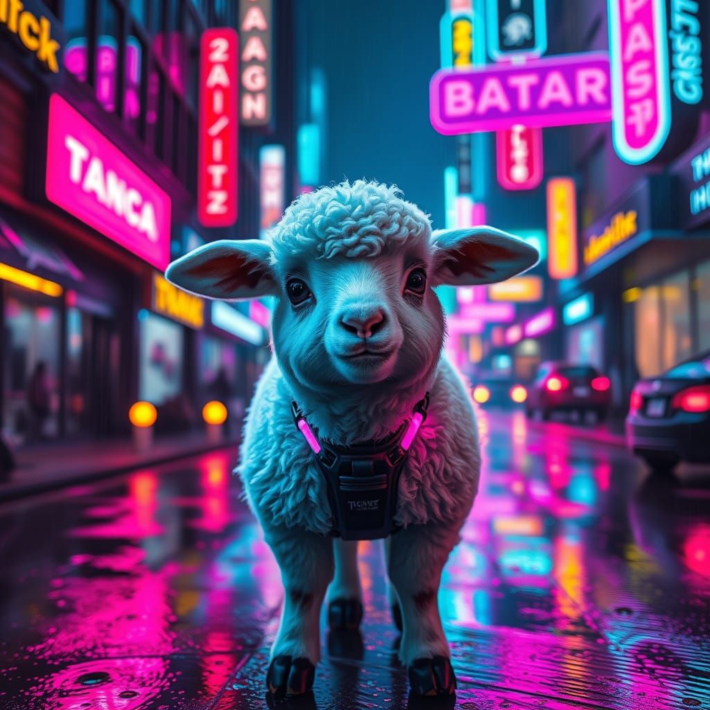 Lamb in Cyberpunk Cityscape with Neon Lights