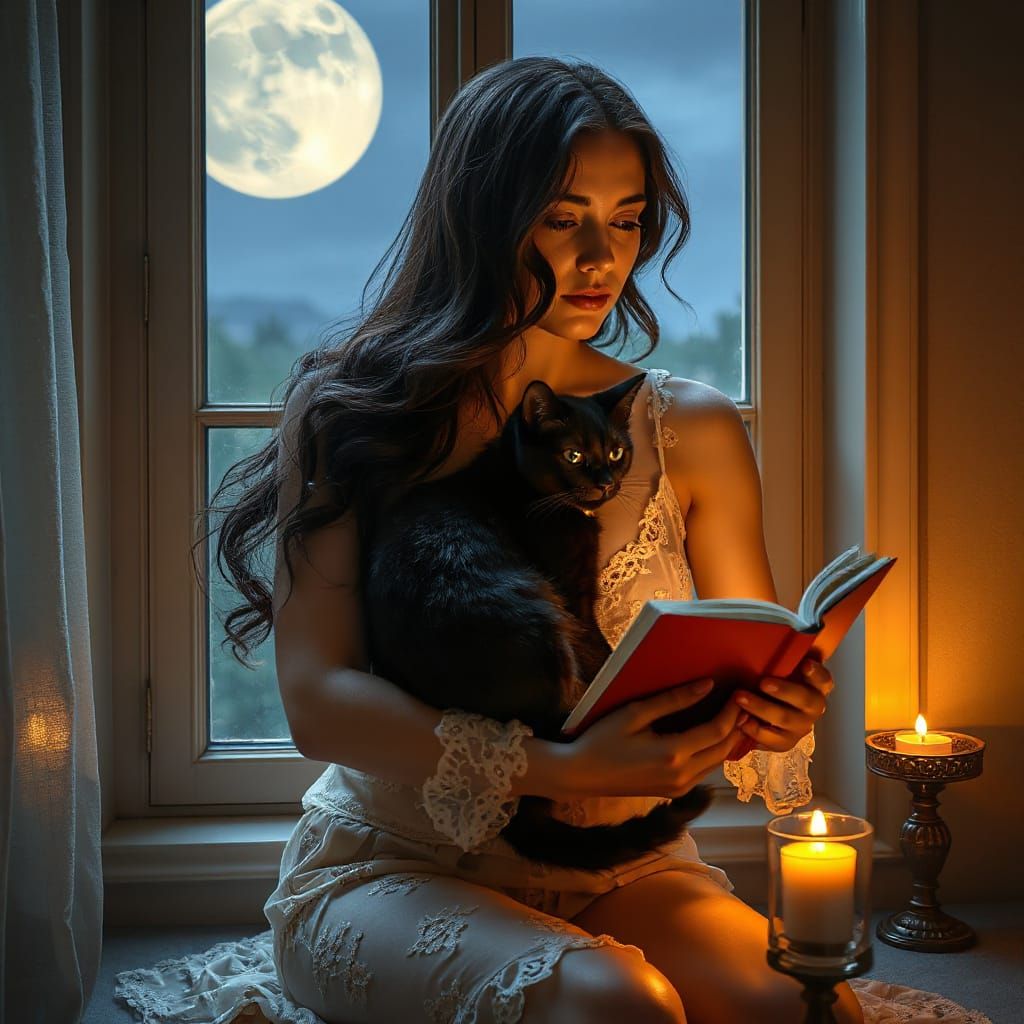 Romantic Candlelit Scene of Woman and Cat in Moonlit Window ...