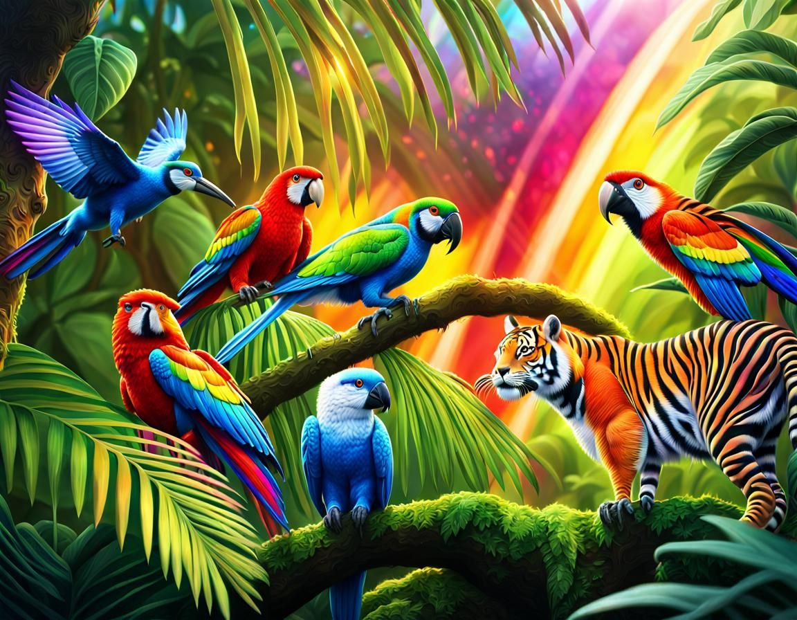 Rainbow Jungle with Colorful Animals in 3D Rendering