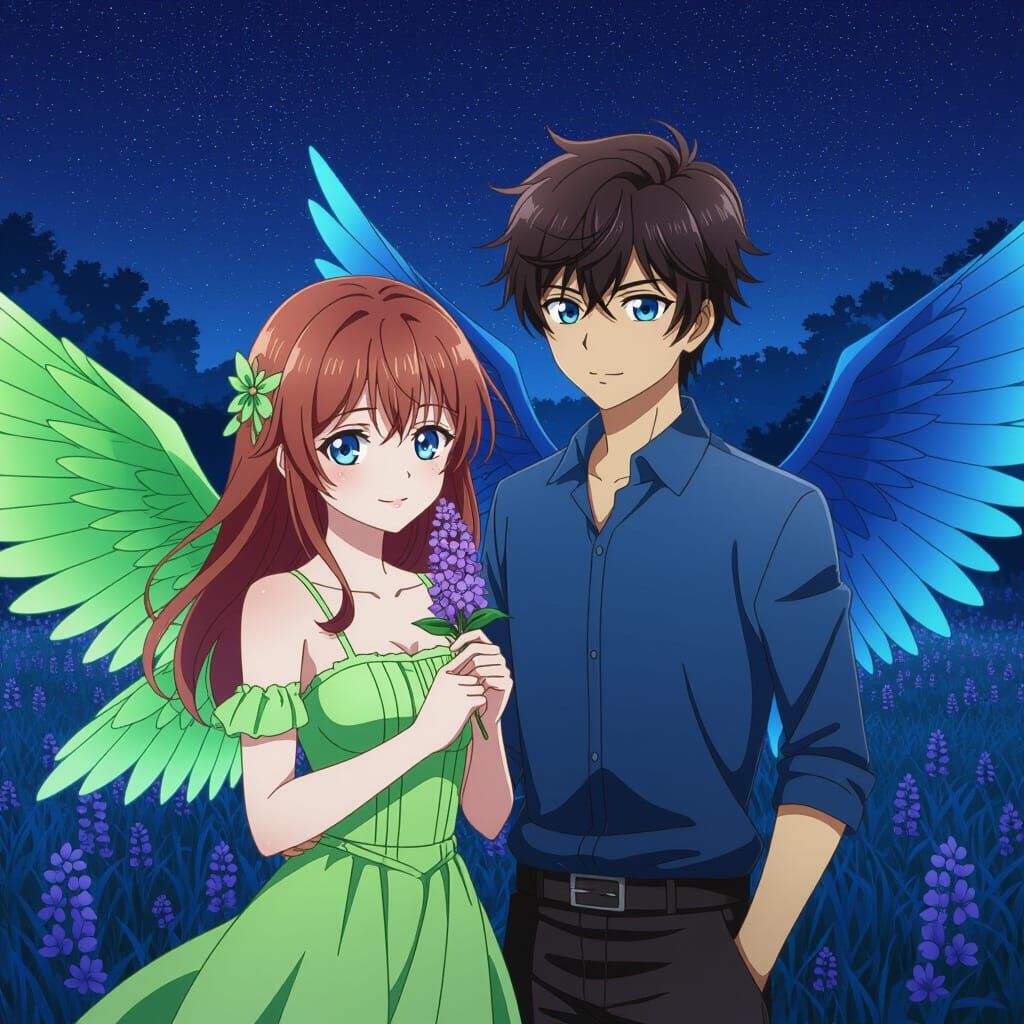 Anime Teens in Starlit Meadow with Wings