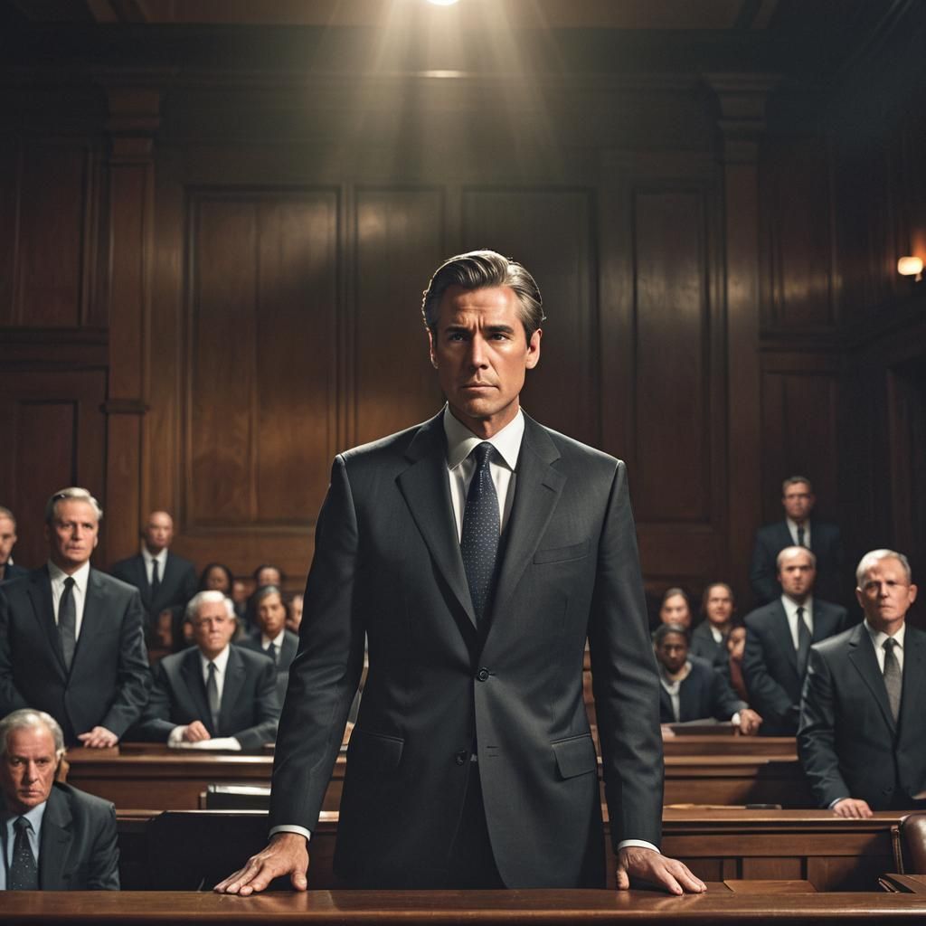 Confident Lawyer in Courtroom Scene with Cinematic Lighting