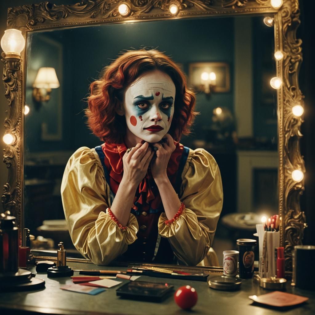 Clown Contemplates Reflection: Film Still in Noir Style