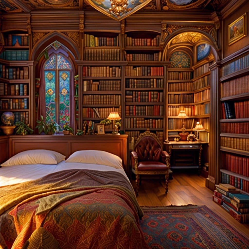 Comfortable old-fashioned double-bed in a book lover's bedroom