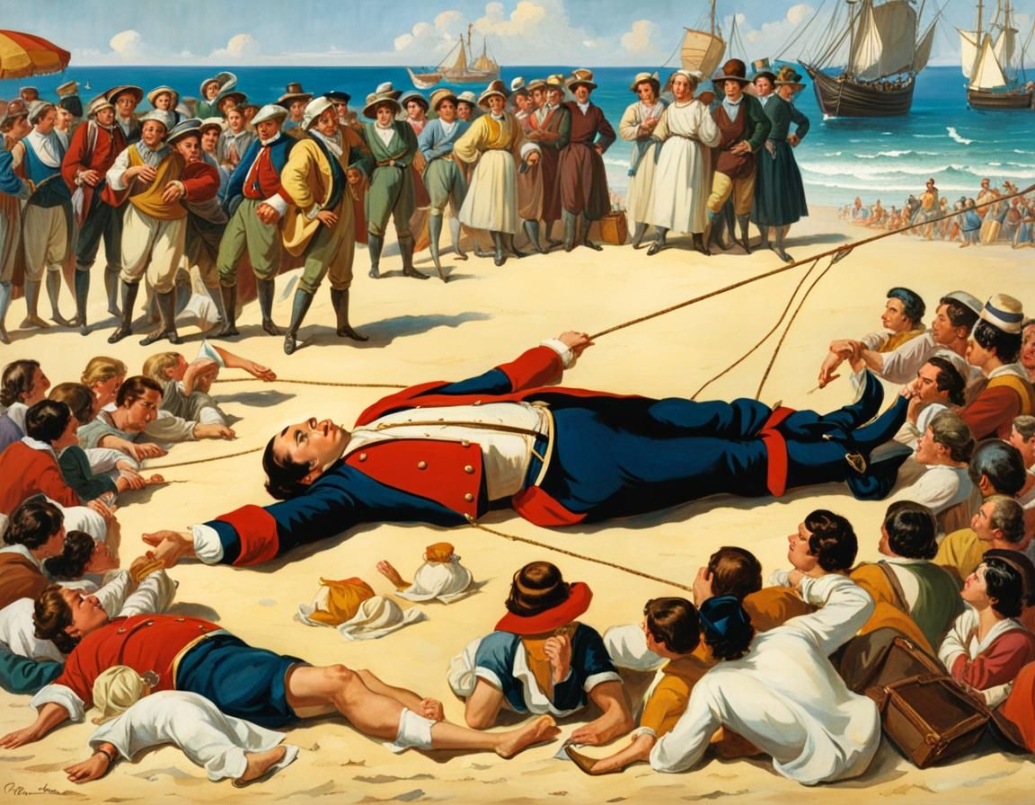 Gulliver, from Gulliver’s Travels, lying on the beach being ...