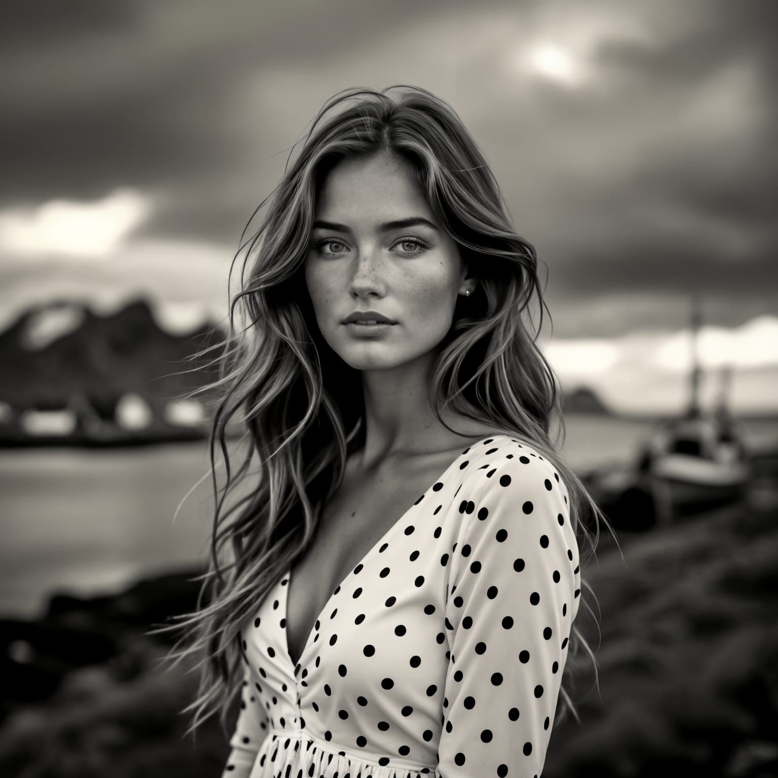 Moody B&W Portrait of Icelandic Woman in Polka Dot Dress