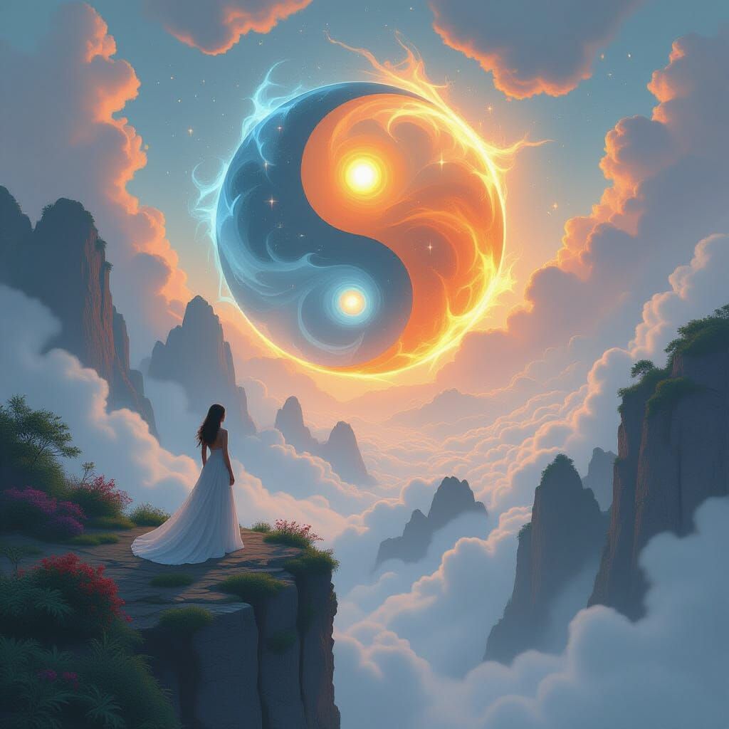 Surreal Yin-Yang Symbol with Woman in Dreamscape