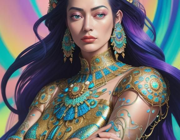 Hyperrealistic portrait of a beautiful woman wearing intricately detailed colorful clothing and futuristic jewellery. go...