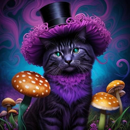 Psychedelic Cat in Hat, Photorealistic Surrealism