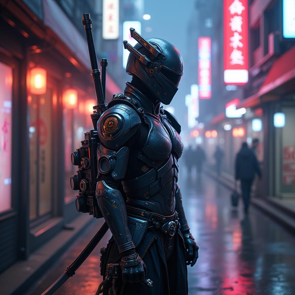 Futuristic Cyborg Ninja in Neon Cityscape