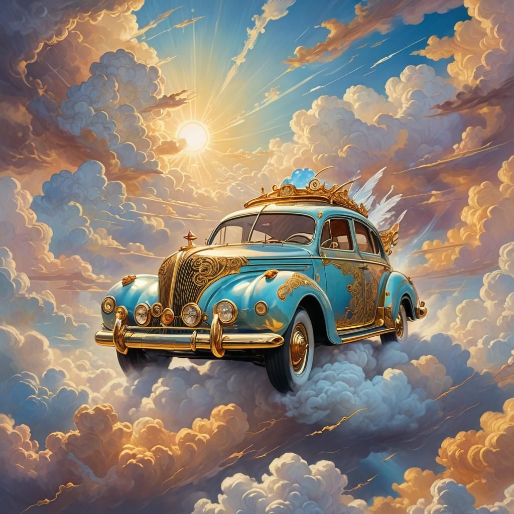 Ornate Fantasy Car Drifting Among Heavenly Clouds