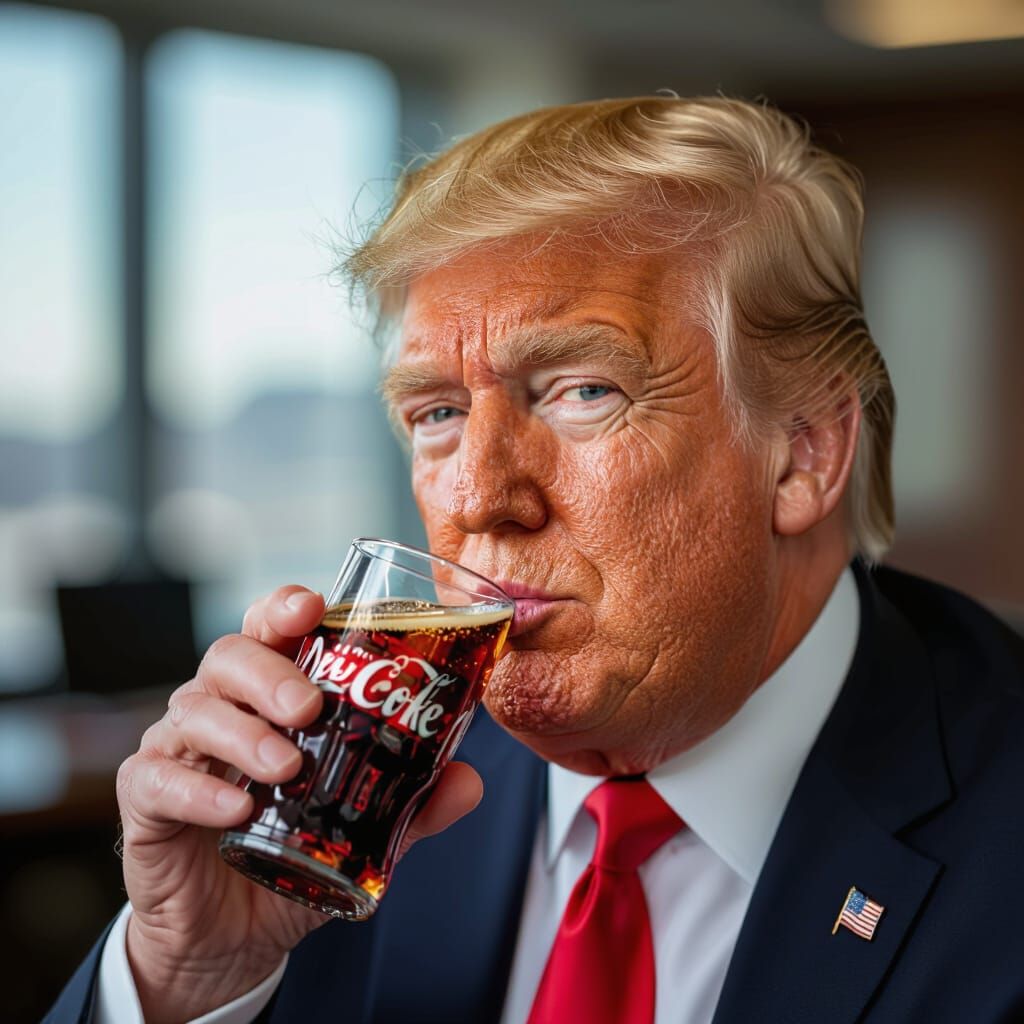 Orange-Skinned Man Drinks Diet Coke in Office Portrait