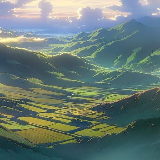 Lush Paddy Rice Field: Studio Ghibli Anime