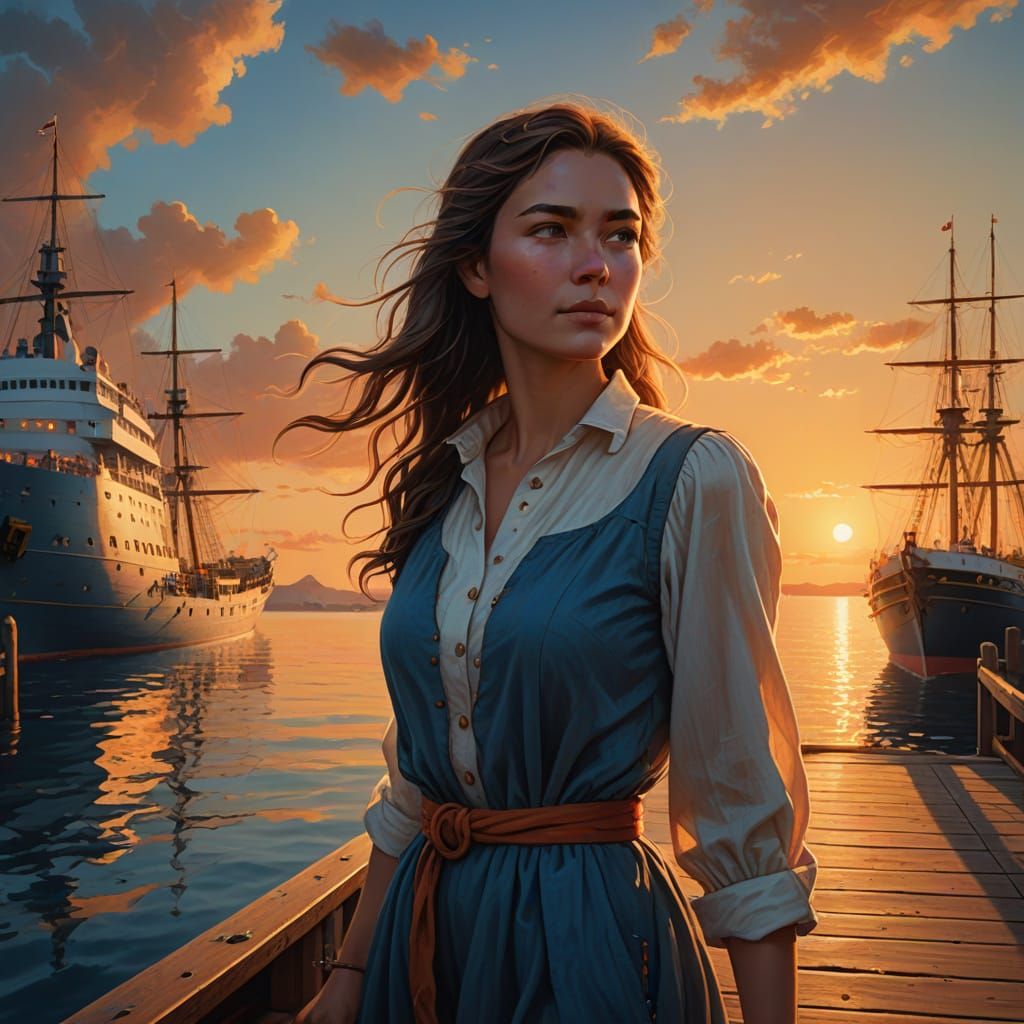 Pirate Woman Embarks on Sunset Voyage in Vibrant Digital Art