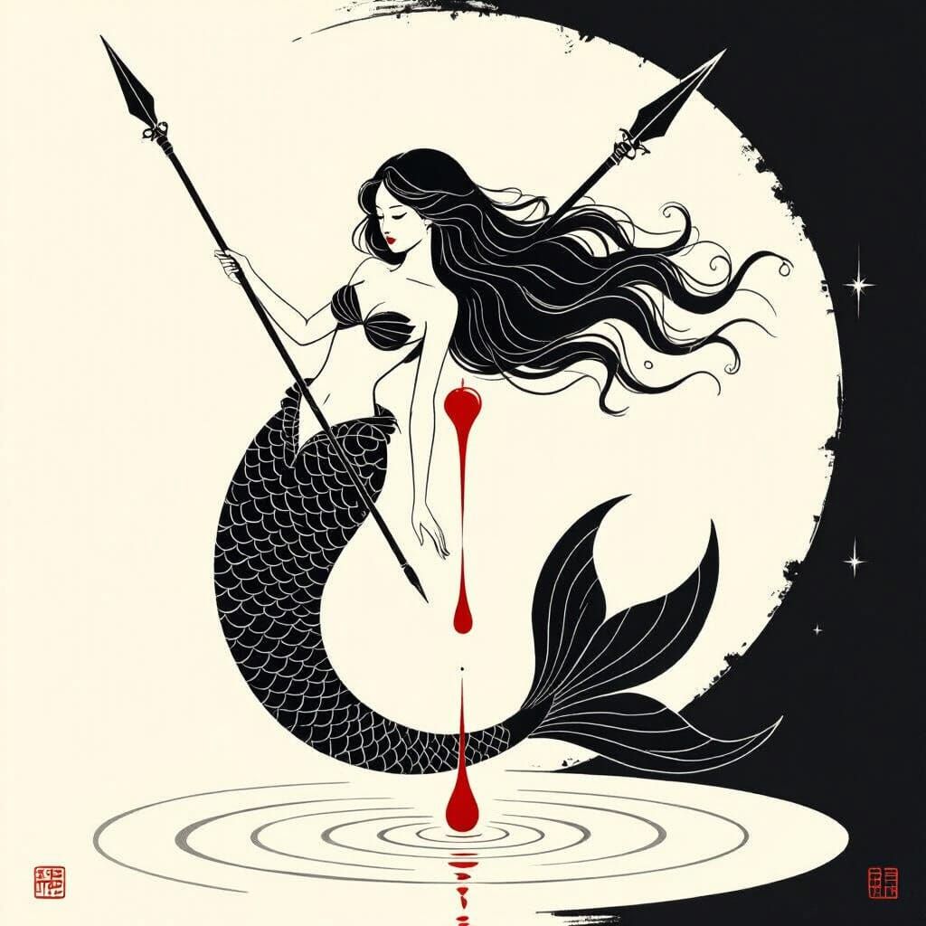 Mermaid's Tragic End: Minimalist Ink Drawing