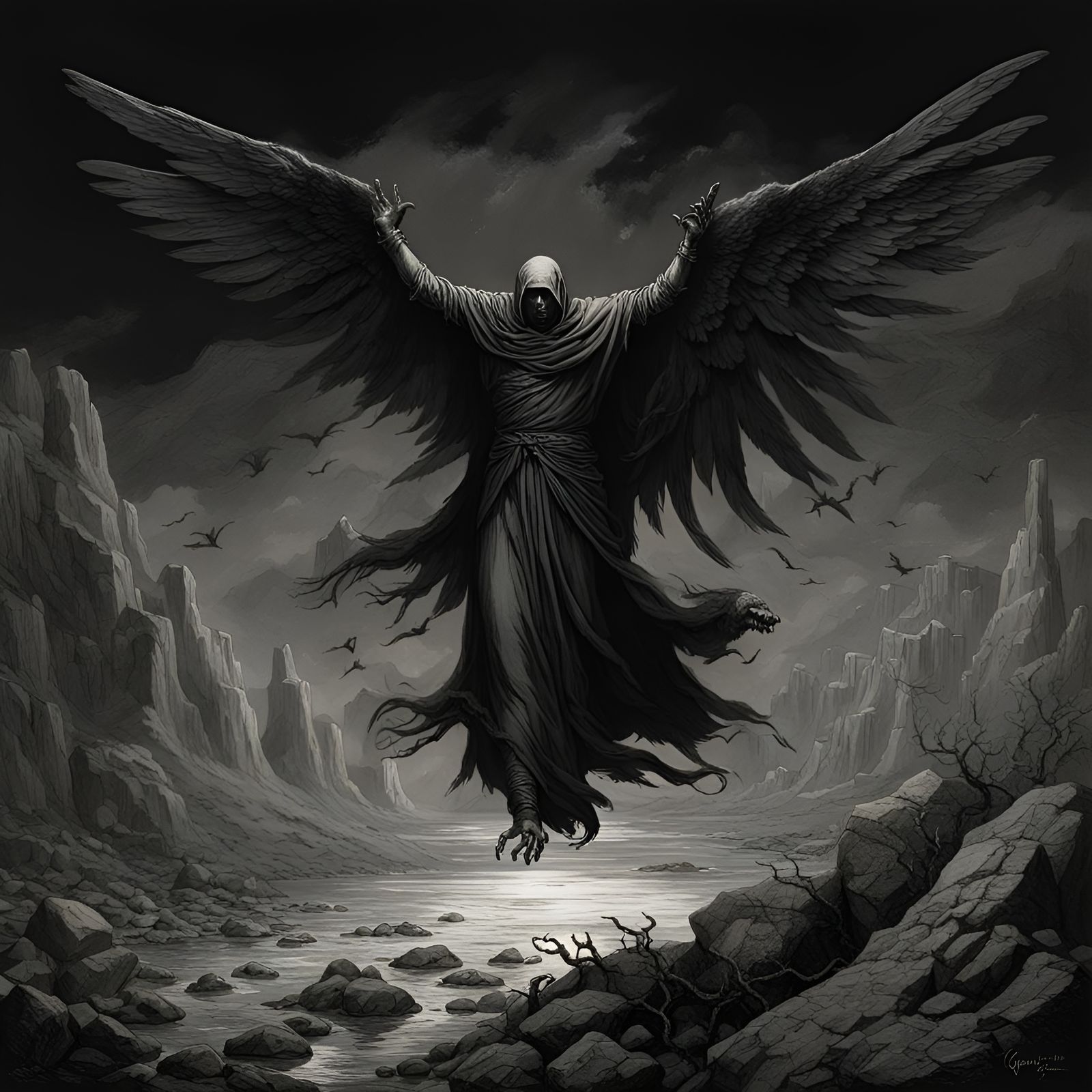 Black Magic Hand Reaching Out in Dark Landscape