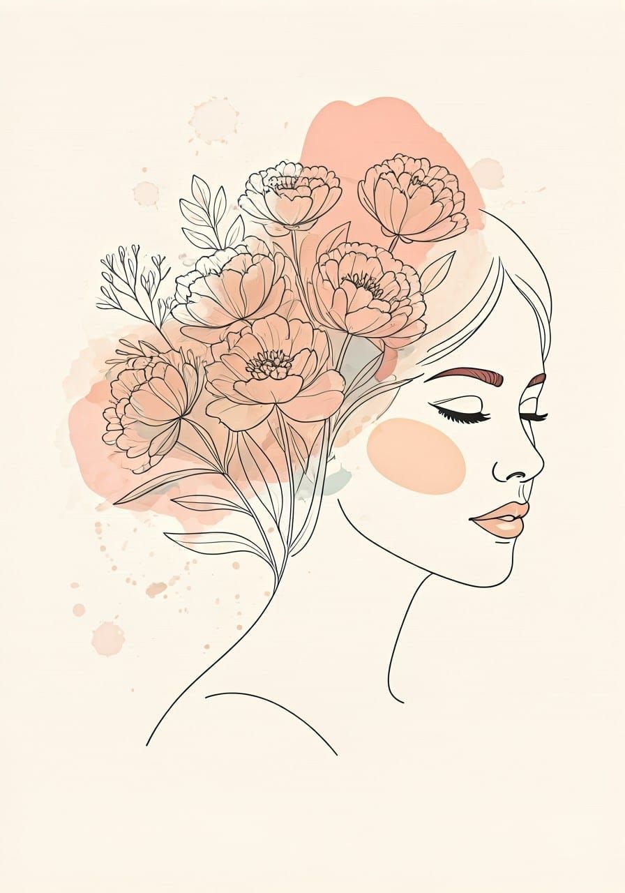 Ethereal Woman in Japandi Art Style with Wildflowers