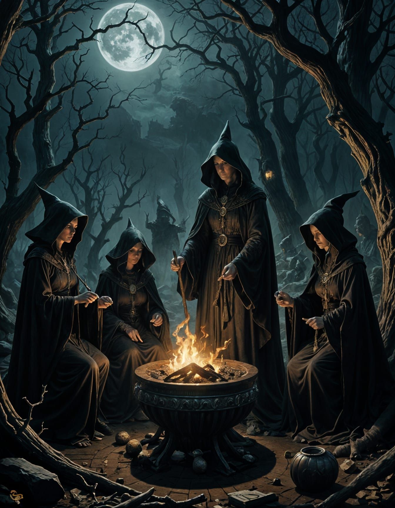Gothic Witches Spellcasting in Enchanted Forest