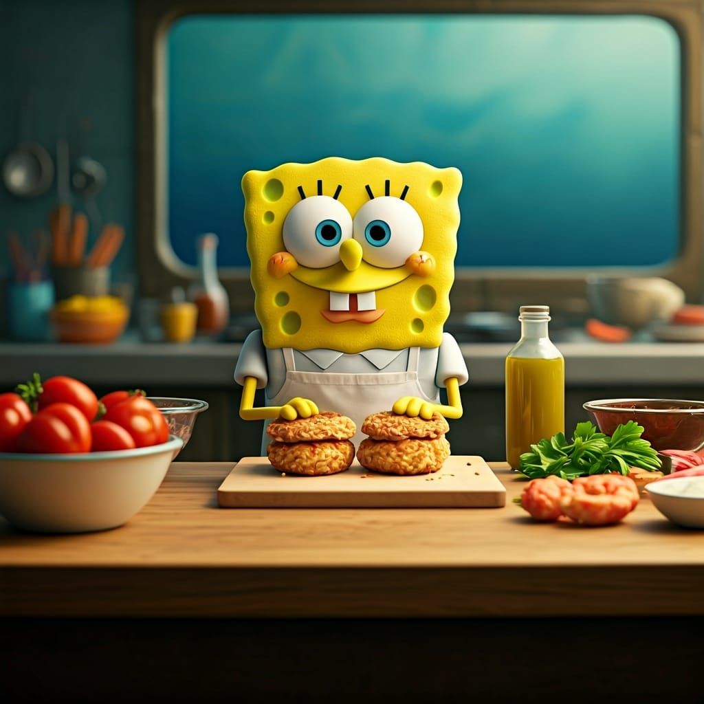 SpongeBob Crafts Crab Cakes: Professional Kitchen Photograph...