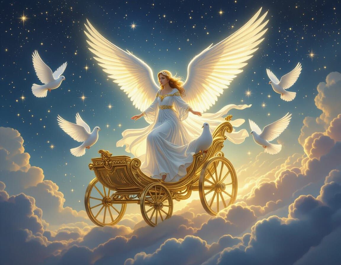 Celestial Guardian Angel Descends in Golden Chariot