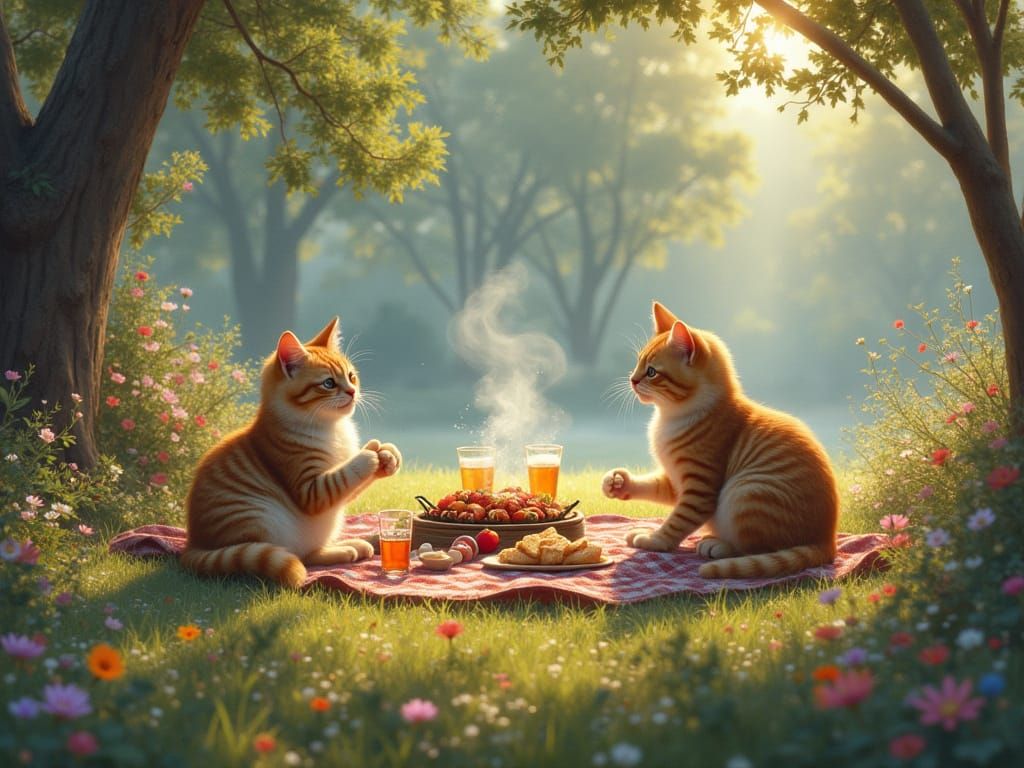 Whimsical Cat's Picnic in Fantasy Landscape