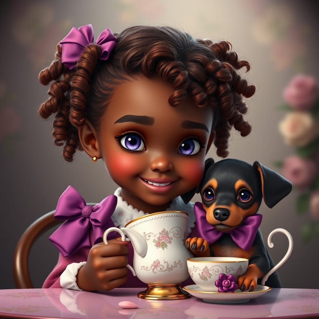 Little Girl Enjoys Whimsical Tea Time with Daschund Puppy in...