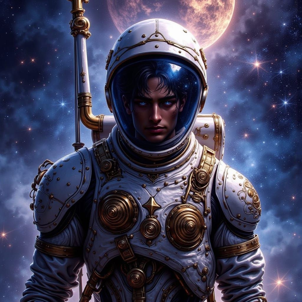 Steampunk Astronaut Drifting in Nebula with Dying Star