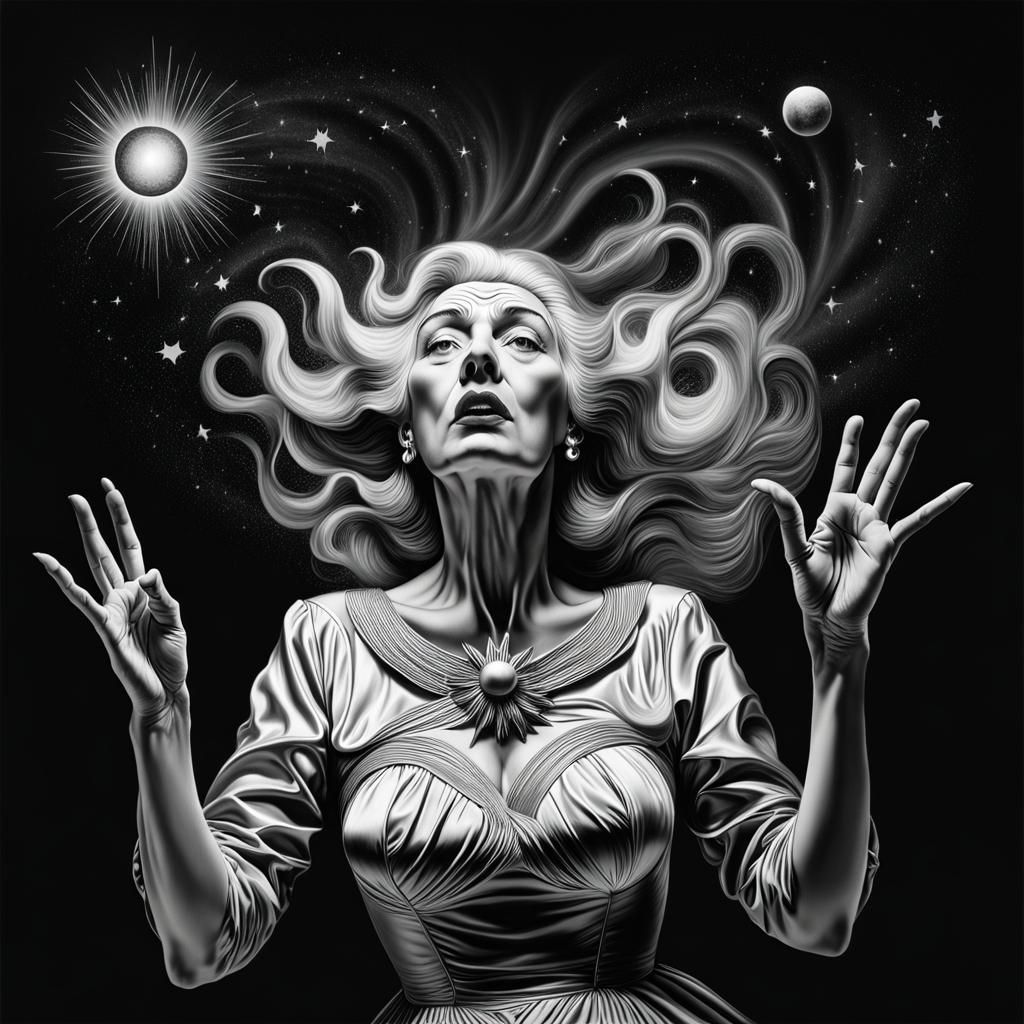 Surreal Woman Blowing Stars, Pencil Art