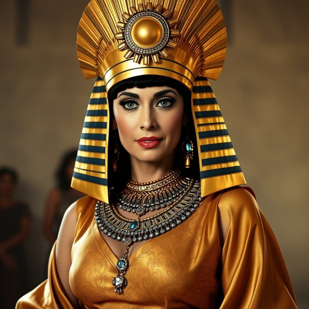 Egyptian Queen Elizabeth Taylor Portrait in Gold Headdress a...