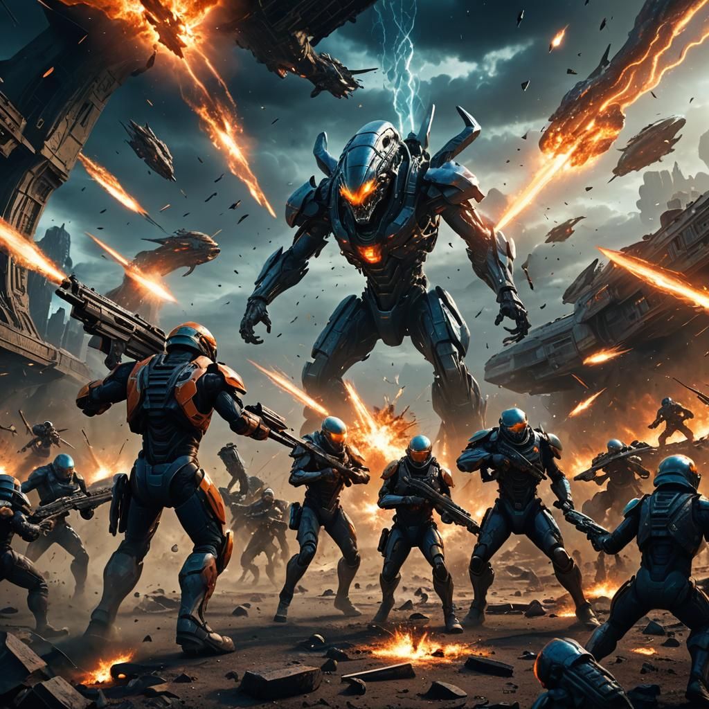 Intense Battlefield Scene: Humans vs Aliens in Sci-Fi Art