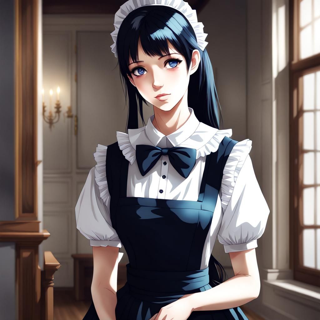 Elegant Maid with Black Hair and Blue Eyes