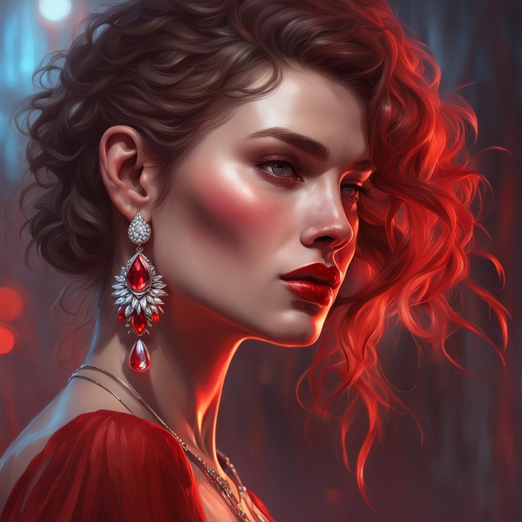 Defiant Woman with Crystal Earrings, Hyperdetailed Portrait