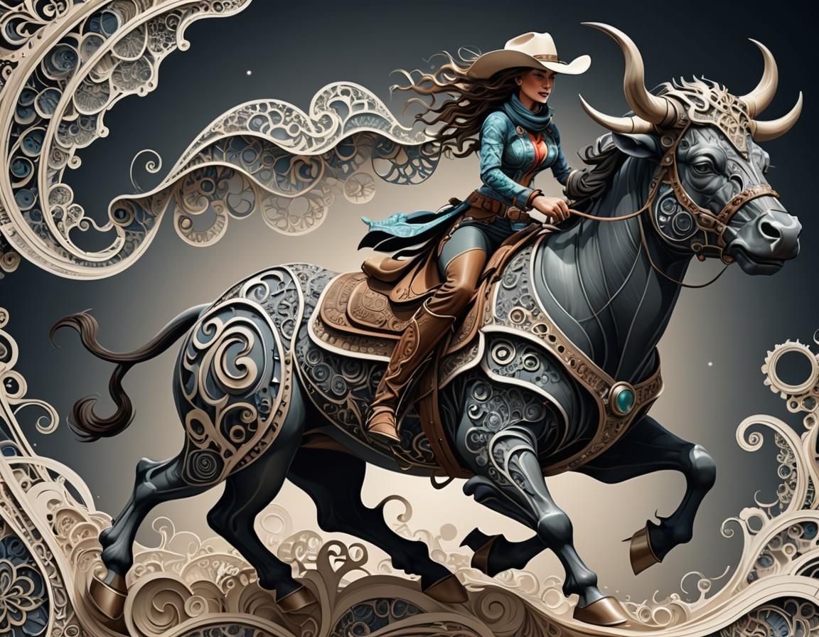 Cowgirl Rides a Space Bull with Fractal Elements