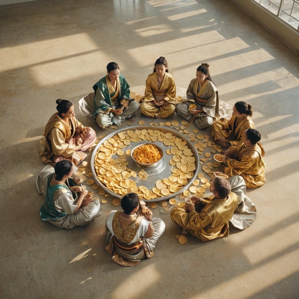 Meditating Group with Potato Chips: Fantasy Concept Art