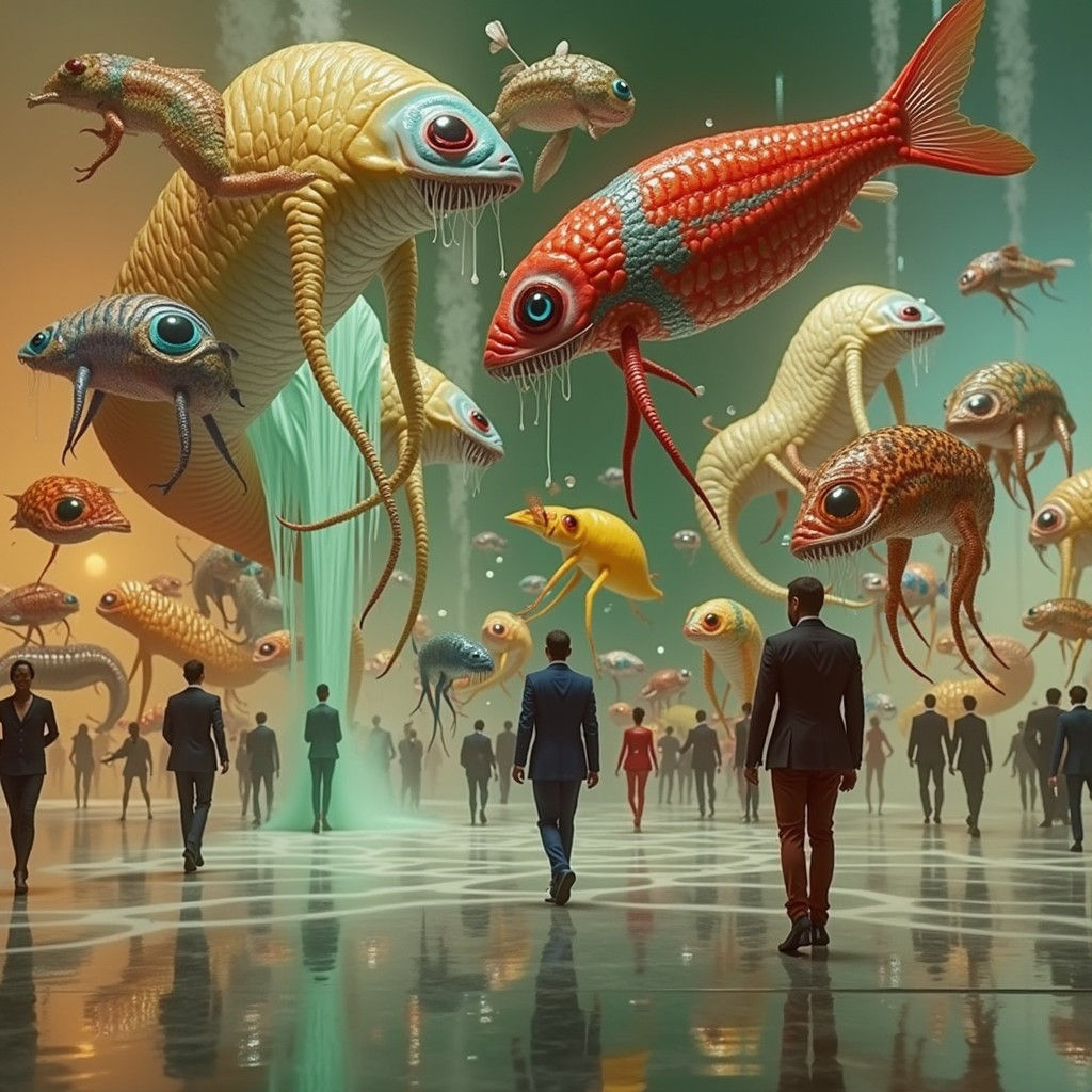 Bizarre Creatures in Pristine Lab: Hyperrealistic Surrealism
