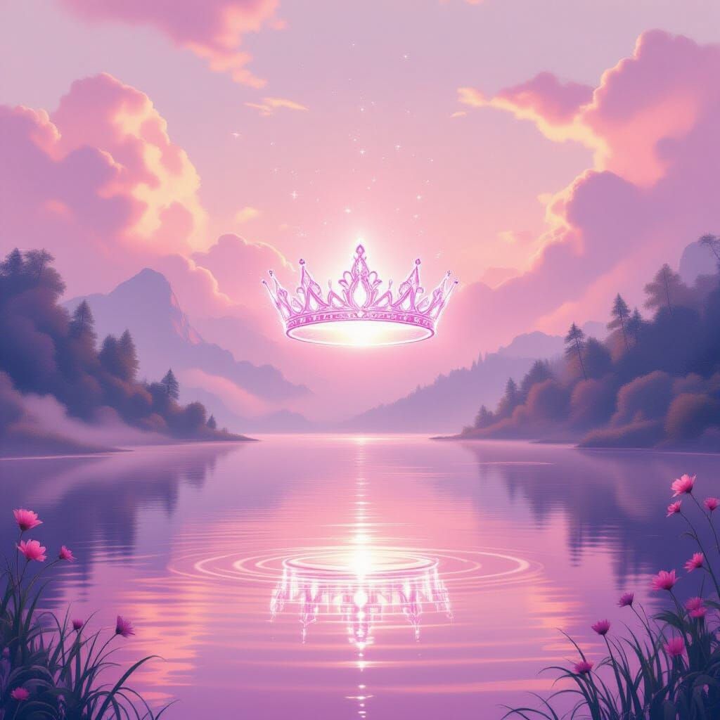 Glowing Crown of Eternal Love Above Misty Pink Lake