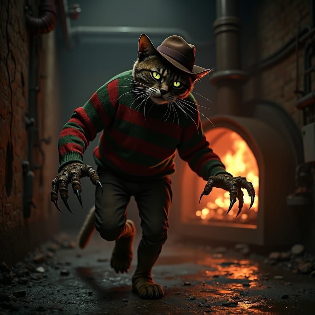 Feline Freddy Krueger Stalks Dimly Lit Boiler Room